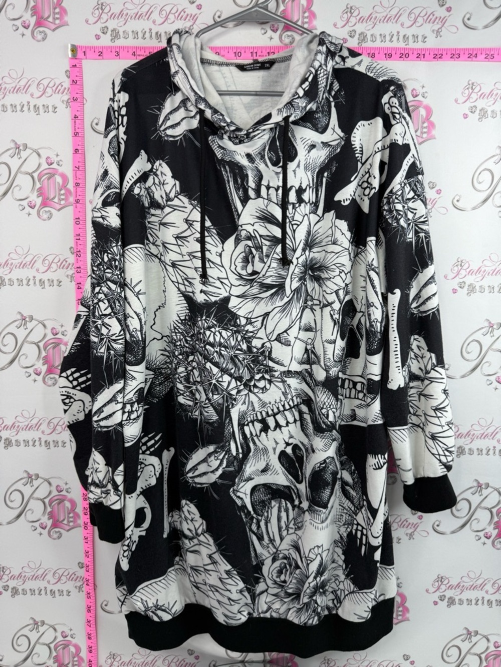 SHEIN sweater hoodie long style skulls Black & White Skull Floral Hoodie Dress